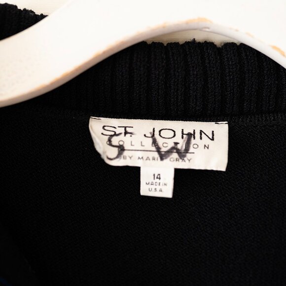 ST JOHN KNIT SIZE 14 SANTANA CLASSIC Black with Blue TRIM Cardigan Jacket Top - Picture 5 of 6